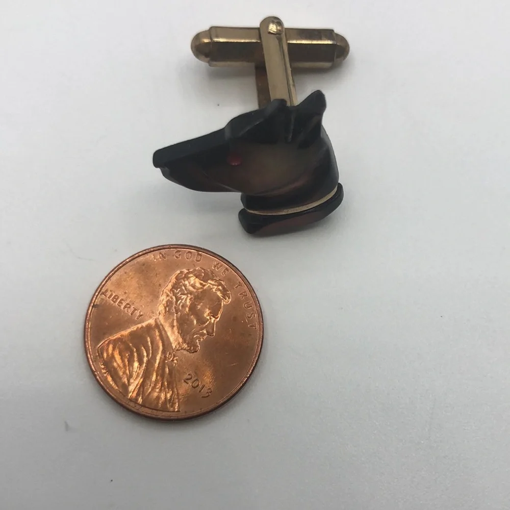 Mid century Mother of pearl dog head Cufflinks & Tie Bar VTG